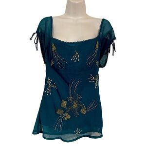Vintage Embroidery Sequins Chiffon Embroidered Teal Top regency fairycore